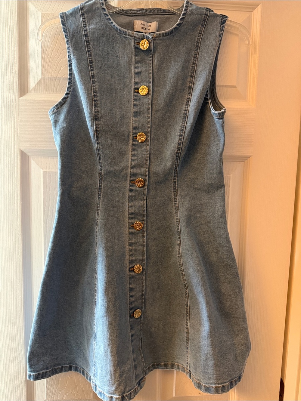 Love Tree Sleeveless Denim Dress with Gold Buttons - Blue